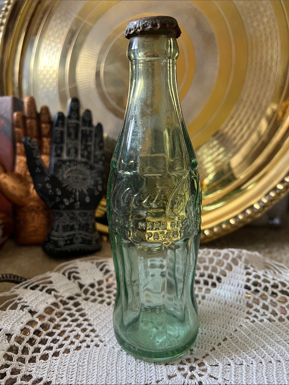 Vintage Coca-Cola Aqua Green Embossed Glass Bottle with Cap
